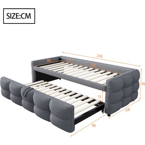 Lit rembourré, canapé-lit extensible 90/180190 cm, lit pouf, tissu Teddy velours, lit simple, lit double, avec sommier à lattes, lit multifonction, gris (sans matelas) (1/5)