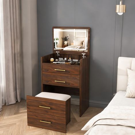 Coiffeuse en bois noyer avec miroir et plateau en verre en MDF (1/5)