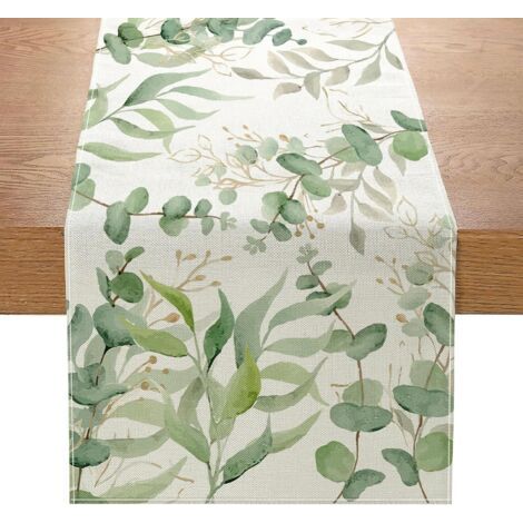 Chemin de table en coton et lin avec feuilles d'eucalyptus pour cuisine, salle à manger, décoration intérieure ou extérieure, 30 x 180 cm (1/5)