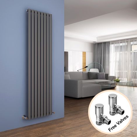 ELEGANT 1800 x 480 mm Designer Anthracite Vertical Column Rads Low Carbon Steel Radiator Single Oval Flat Panel Designer Bathroom Radiator + Angled Radiator Valves (1/5)