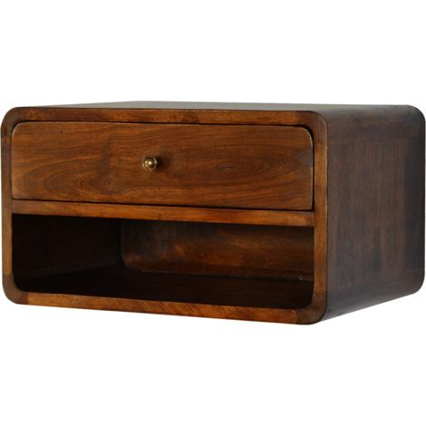Table de chevet suspendue incurvée en bois massif de châtaignier – 1 tiroir + étagère ouverte – design moderne, style scandinave, marron foncé (1/4)