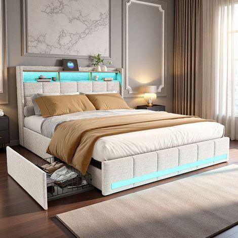 Doppelbett 140x200 cm Leinenstoff Beige mit Schubladen RGB LED USB Typ-C Lattenrost Modernes Design