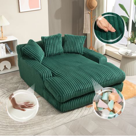 Chaise longue 125x155x63 cm verde smeraldo in velluto a coste con 3 cuscini e design senza montaggio (1/5)