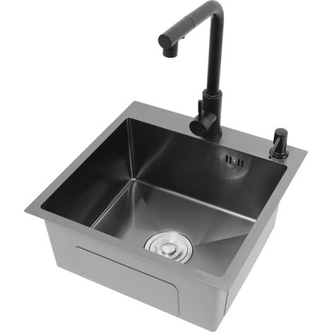 Évier de cuisine, noir, 45 x 45 cm, en acier inoxydable, nano-revêtement, avec robinet, distributeur de savon, panier d'égouttement et siphon pour maison, restaurant, possibilités de montage