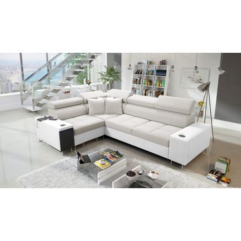 Elegantes Ecksofa mit Konsole und Ladegerät MORENA II Kunstleder/Uttario Velvet Weiß/Ecru Links (1/5)