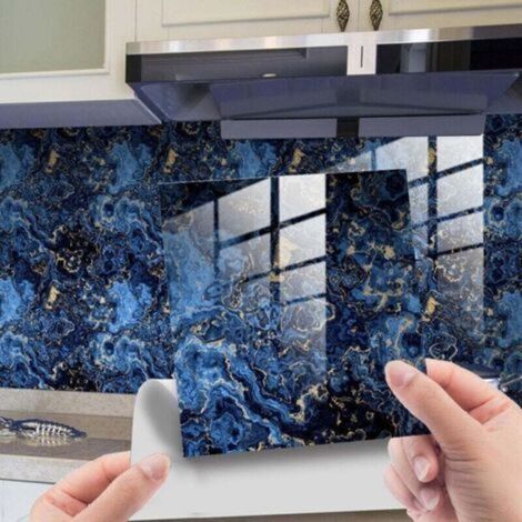 Film adhésif décoratif imitation marbre bleu clair, pour carrelage, mur ou sol, 10 x 10 cm, lot de 10. (1/4)