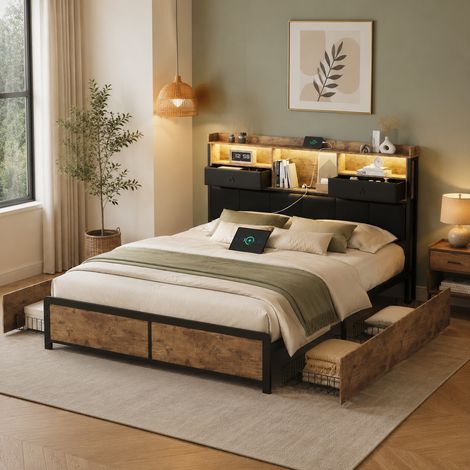 Lit double 140x200 cm avec led, lit avec tiroirs usb et lumière led, cadre en métal avec station de charge et tête de lit, sans matelas, marron (1/5)