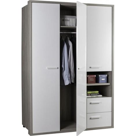 Schrank mit 3-türen und 2 Schubladen in Nadelstreifen Eiche und Glänzendes Weiß für Schlafzimmer (1/4)