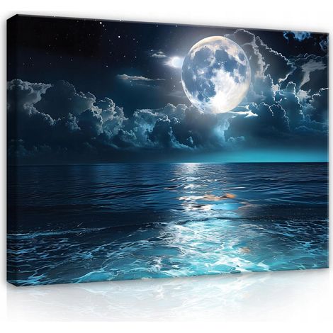toile Peinture Murale lune nuit mer chambre salon moderne 120x80 (1/3)