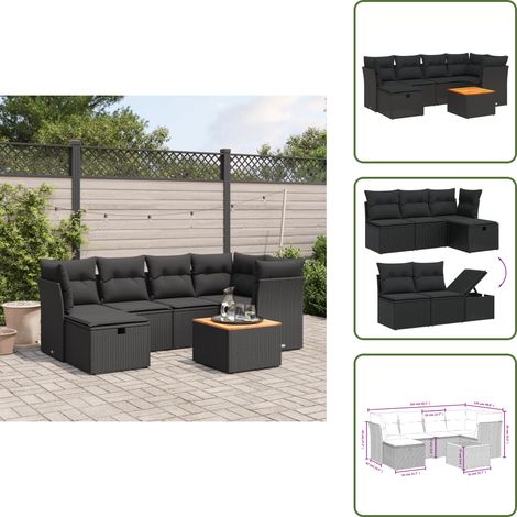 The Living Store Salon de jardin 7 pcs avec coussins noir résine tressée - Ensemble Salon De Jardin - Mobilier Extérieur - Canapé Jardin - Chaise Lounge - Table Basse