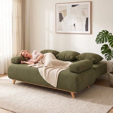 Schlafsofa mit verstellbarer Rückenlehne, Bettfunktion, verstecktem Stauraum und Cordbezug, Dunkelgrün (1/5)