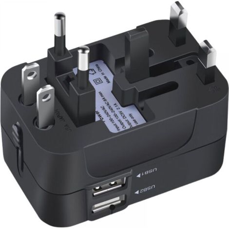 Adattatore da viaggio, adattatore da viaggio universale, caricabatteria da muro, adattatore per spina CA, con due porte di ricarica USB, adatto per USA, UE, Regno Unito, Australia, telefoni cellulari,