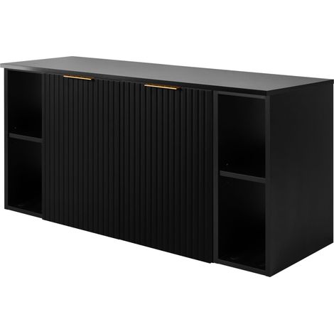 Furnidea - Meuble sous vasque à 2 portes FLOW NOIR 120 cm avec 2 x l'étagères - extensions et plan - 2 tiroirs - façades rainurées (1/5)