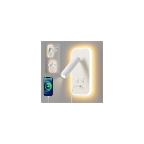 Aplique LED de pared, lámpara de lectura de mesita de noche con interruptor, puerto de carga USB, iluminación ambiental ajustable para dormitorio (luz natural de 3 W + luz cálida de 9 W) Blanco (1/5)