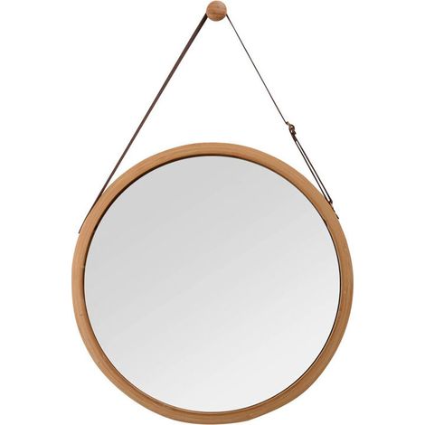 Bamboo Wall Mirror Round Hallway Mirror Bathroom Mirror with Adjustable Leather Strap 38cm (1/5)