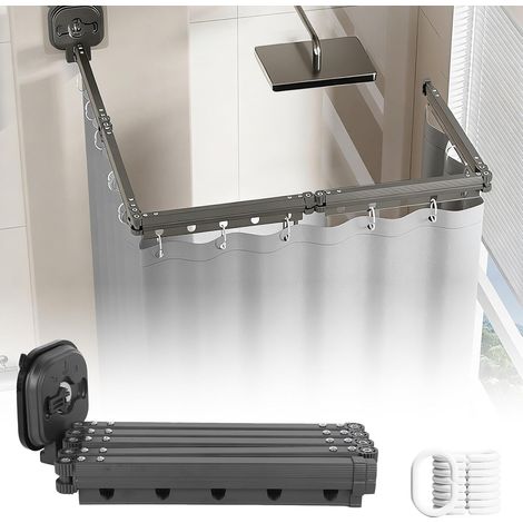Tringle à rideau de douche pliable avec ventouse, sans perçage, étanche, montage mural, en forme de L/U, pour coin / baignoire (noir, 5 segments) (1/5)