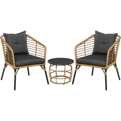 Ensemble de meubles de jardin en rotin 3 pièces sable gris foncé, table basse et 2 chaises avec coussins confortables