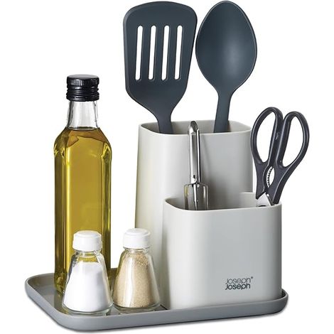 Joseph Joseph Duo, Organizador de cocina, recipiente de almacenamiento compacto, perfecto para utensilios y especias, con 3 compartimentos, acabado gris, ideal para encimera