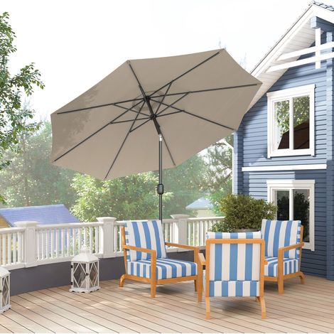 Ombrellone da giardino Outsunny, orientabile e inclinabile, diametro 3 m, telo rotondo in metallo, poliestere 180 g/m², manovella per l'inclinazione, grigio chiaro.
