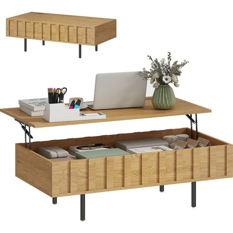 Table basse relevable pour salon avec 2 compartiments dissimulés, pieds en métal, 110 x 55 x 36,5 cm, chêne (1/5)