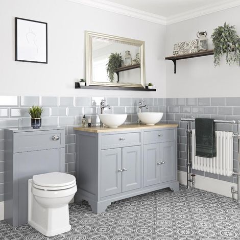 Milano Thornton 1210mm Bathroom Vanity Unit with 2 Countertop Basins and WC Unit with Back to Wall Toilet Pan  Seat and Cistern - Light Grey (1/5)