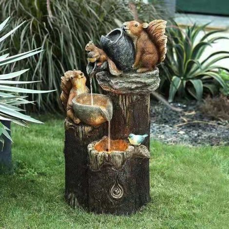 Solarbetriebener Wasserbrunnen LED beleuchtete Gartenskulptur Brunnen in Steinoptik aus Polyresin Grau, 15 x 9 x 6,5 cm Eichhörnchen (1/5)