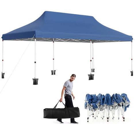 GOPLUS 3x6M Tonnelle Jardin Pliable, Hauteur Réglable, Entrées Zippées, Fenêtres, Sac de Transport, Sac Lesté Pavillon Portable Instantanée Pop-Up pour Fête,Mariage (Bleusans Bâche, 3x6M) (1/5)