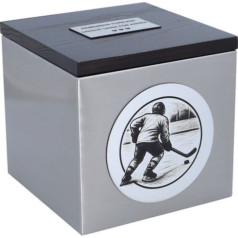 Urna cineraria da hockey con incisione - Acciaio inossidabile e legno Urna cineraria "Giocatore di hockey" - Acciaio inossidabile, legno, personalizzazione (1/4)