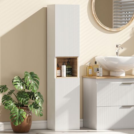Armoire de salle de bain autoportante, 2 portes blanches, étagère ouverte, meuble de rangement mural, finition blanc pur, pour salle d'eau et WC. (1/5)