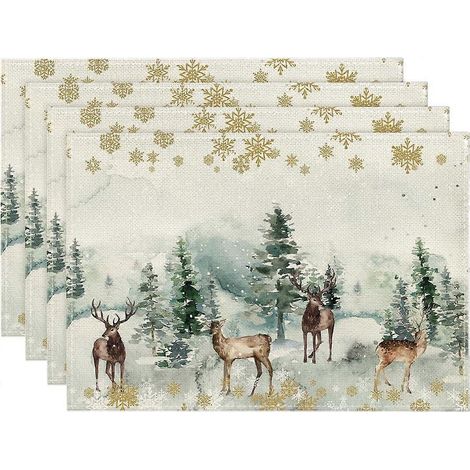 Chemins de table de Noël aquarelle motif cerf, sapin et flocons de neige, 30,48 x 45,72 cm, style rustique vintage, lavables, lot de 4. (1/5)