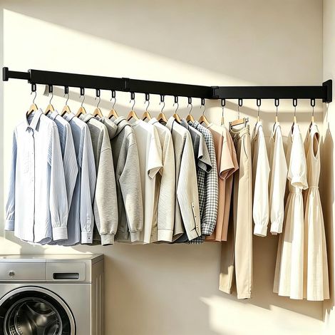 Wall Mounted Clothes Airer 120 cm Extendable – Wall Mounted Clothes Airer, Foldable, Drilling or Gluing (Screw Mounting and Gluing), Extendable Clothes Rail with 18 Hooks for Balcony, Room (1/5)