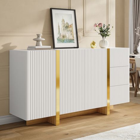 Modernluxe - Buffet moderne 140x36x75 cm - 3 portes battantes et 3 tiroirs - Finitions dorées - MDF - Blanc (1/5)