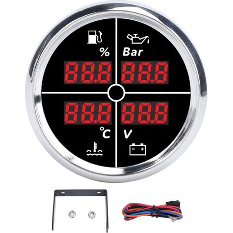 52mm 4-in-1 Multifunctional Gauge, Digital Display, Fuel Level, Oil Pressure, Water Temperature, Voltmeter with Backlight for Boat RV 81000329, Silver Bezel, Dial (1/5)
