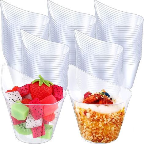 Lot de 50 verrines en plastique transparent de 200 ml, rondes et réutilisables, idéales pour servir desserts, puddings et mousses. (1/5)