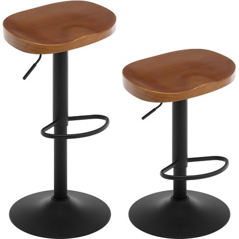 Woltu – Lot de 2 tabourets de bar réglables en hauteur – Siège en bois massif – Pivotant à 360° – Anneau antidérapant pour protection sol