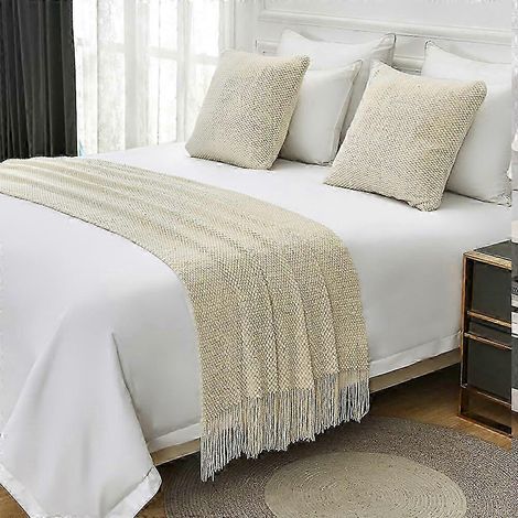 Chemin de lit blanc extra-large luxueux avec pompons, 63 x 172 cm, conception à double couche, couleurs résistantes, convient à la décoration des chambres d'hôtel et de maison. (1/5)