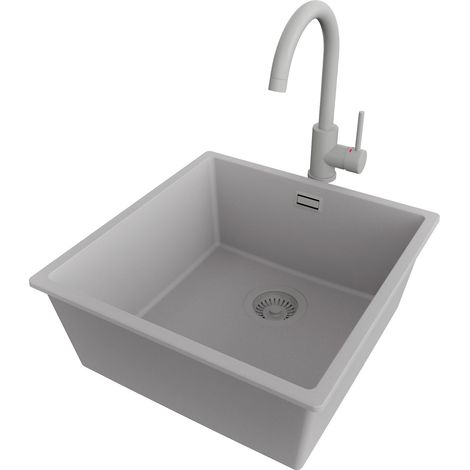 PRIMAGRAN Evier Sous Plan 46x47cm,Evier en Granit 1 bac + Robinet 32x20cm + Kit de Vidage, Évier au meuble 50cm - London, Gris (1/5)