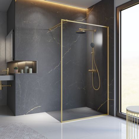 [PRODUIT D'OCCASION] [JAMAIS UTILISÉ] Paroi de douche 90 x 200 cm à l'italienne Contoura, profilé or mat, doré, paroi fixe Walk In, verre 6 mm anticalcaire Schulte