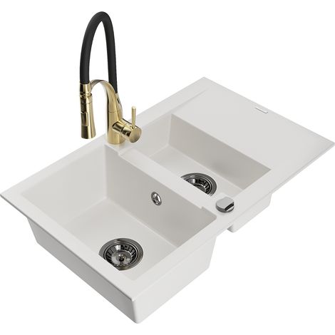 Mexen Gaspar Granitspüle 1,5-Kammer mit Abtropffläche und Küchenarmatur Aster, weiß - 6507-20-73450-57-B (1/5)
