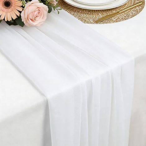 Chemin de Table en Mousseline Blanc, 77 x 300 cm. Doux et confortable, en mousseline de soie. Idéal pour mariage boh - Blanc 1 Pièce (1/5)