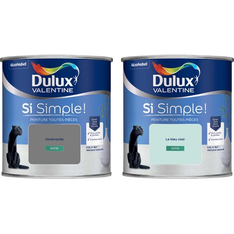 Dulux Valentine Peinture Si Simple Lot de 2 Peinture Intérieure Toutes Pièces Satin - Peinture Murs et Plafonds, Portes et Plinthes - Couleurs : L'Anthracite & Le Bleu Clair 0,5 L