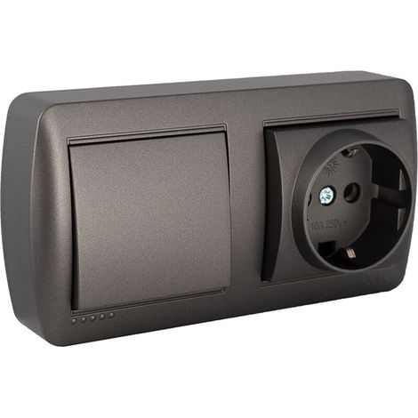 Base fixe 2P+T 16A 250V – Interrupteur 10AX 250V – Installation en surface – Raccord à vis – Dimensions 148x72x42mm