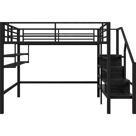 Lit Mezzanine 2 Places avec Étagères, Échelle de Rangement et Espace Libre 140×200 cm, sans Matelas (1/4)