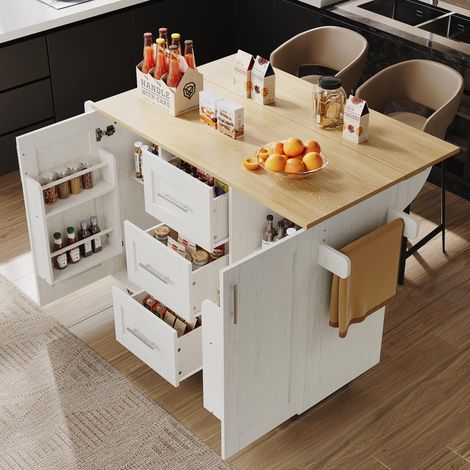 Kücheninsel mit abnehmbaren Trennwänden und Rollen,Esszimmerwagen mit Holzmaserung und Arbeitsplatte,Buffetschrank,seitlicher Handtuchhalter in Weiß (1/5)