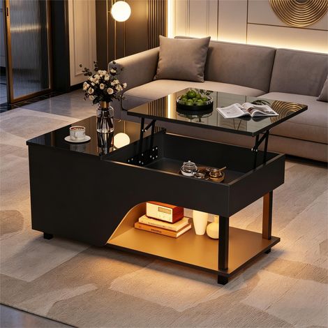 Table basse relevable LED 100 x 50 x 46 cm avec coffre caché, niche ouverte et rangements latéraux réglables, noir brillant