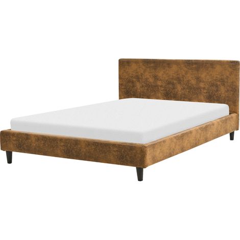 Cama tapizada en piel sintética marrón 140 x 200 cm marco de listones cabecero estilo moderno Fitou