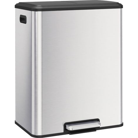 HOMCOM Pattumiera Differenziata 2 Scomparti in Acciaio Inox, Pedale 60L (1/5)