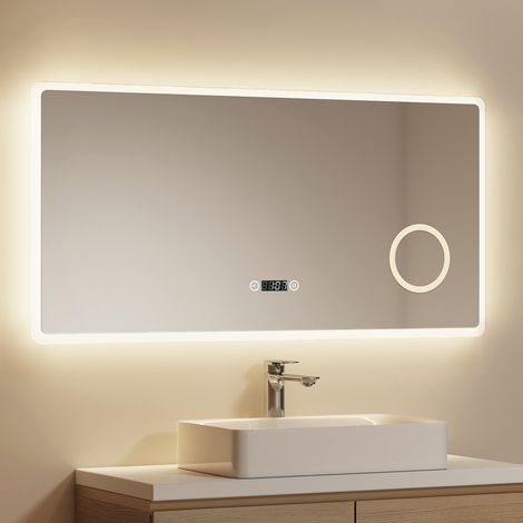 EMKE LED Badspiegel 100 x 60 cm, beleuchtet, rahmenlos, mit Touch-Schalter, Uhr und 3x Vergrößerung (1/5)