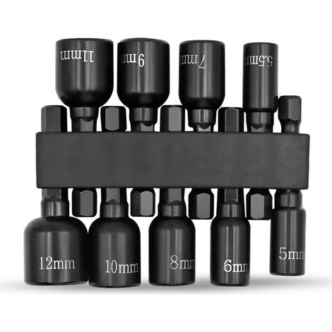 Set mit 9 magnetischen Sechskantbits 5-12 mm - Schwarzer Metalladapter, ohne Halterung/ohne Stromversorgung - Ideal für Heimwerkerprojekte (1/4)