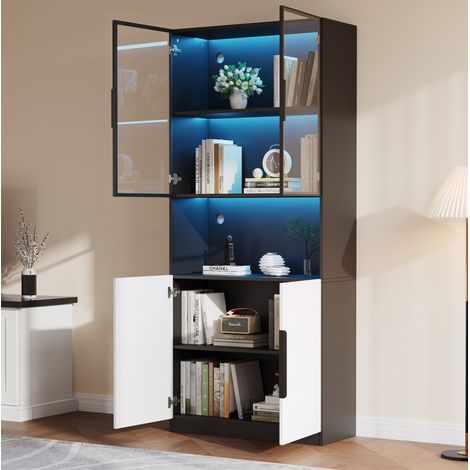 Mueble vitrina con puertas de cristal y LED, 80 x 30 x 200 cm, blanco y negro HAVRYA (1/5)